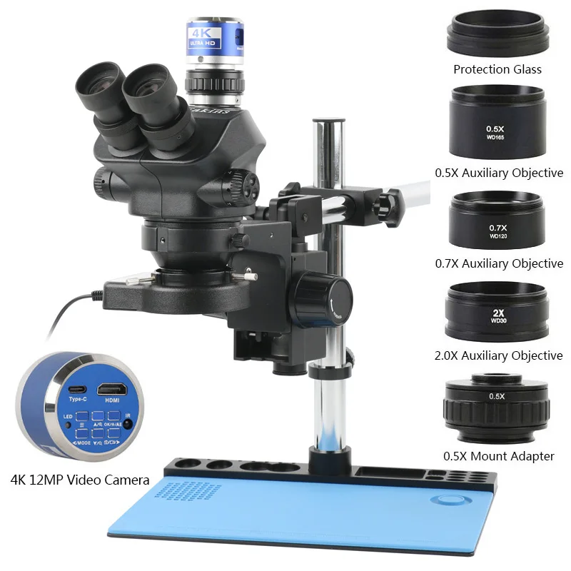 

Тринокулярный микроскоп 3,5x-100X, с многофокальным регулируемым стереофокусным расстоянием + теплоизоляционная подставка для ремонта 32 мм + видеокамера 4K 48 МП