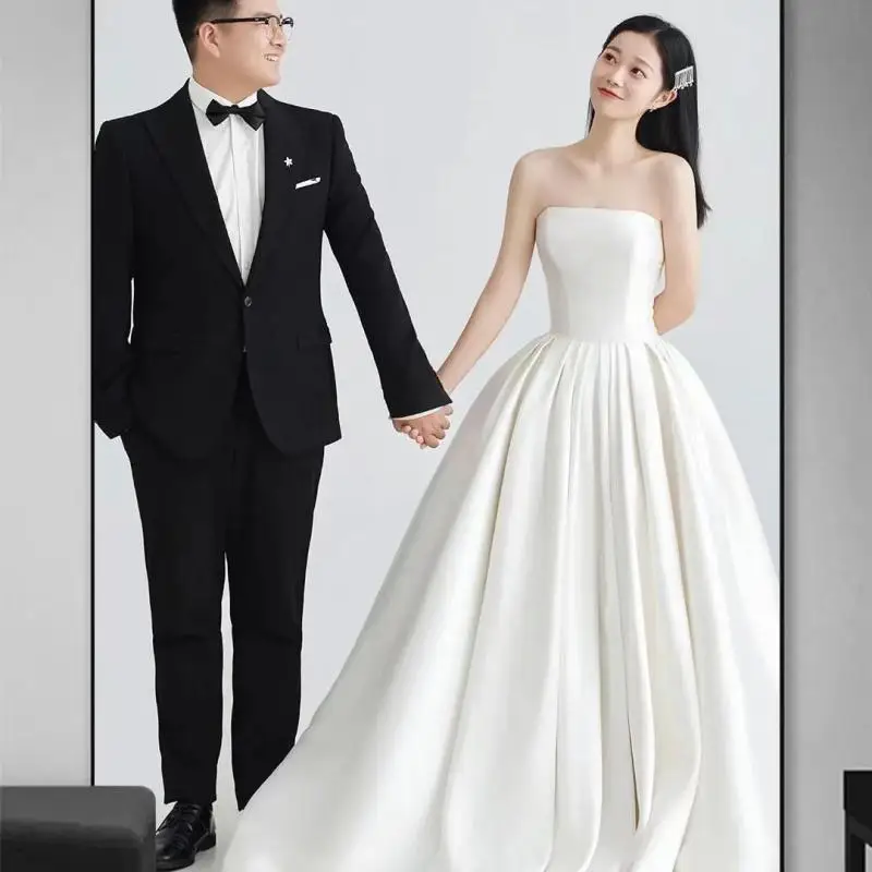 

Classic Sexy Strapless Wedding Dress New Satin Sukienki Na Wesele Damskie Elegant Simple Sleeveless Vestido De Novia Custom Made