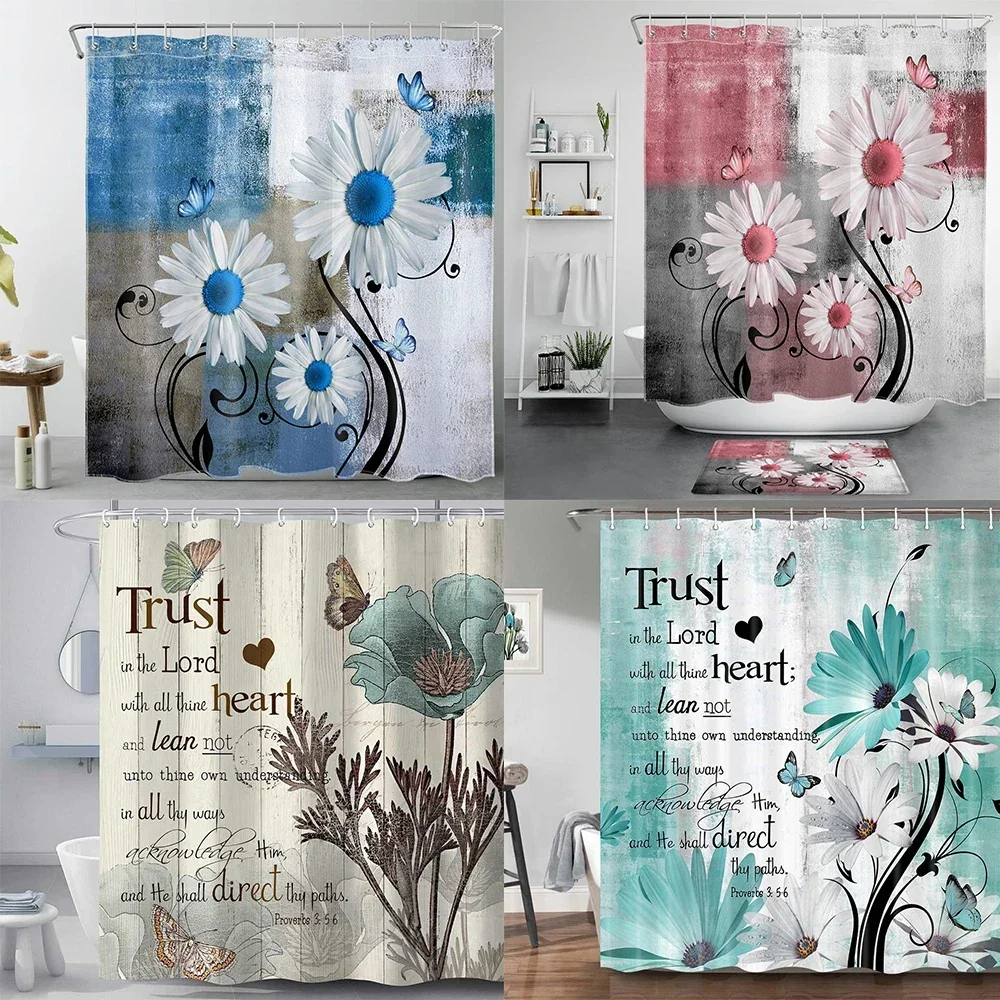 

Элегантная занавеска для ванной в деревенском стиле с маленькими маргаритками, вдохновляющая цитата, занавеска для душа в виде тюльпана, занавеска для ванной из водонепроницаемой ткани