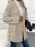 Thickened Plush Button Hooded Women's Cardigan Solid Color Long Sleeved Warm Sweaters Fashion Single-breasted Woman Clothing