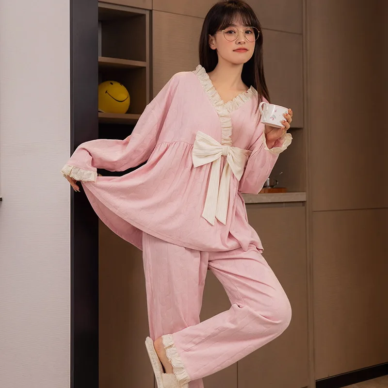 

Cotton Nightwear Korean Fashion Pajamas Set Spring Autumn Sleepwear For Women 2 Pieces Set Pijamas Suit Pjs Home Suit Free ship