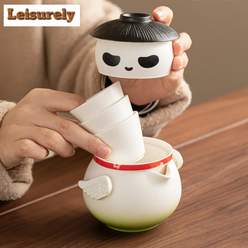 Creative Penguin Duck Ceramic Travel Tea Set Kit Ancient 1 Pot 4 Cups Tea Maker Organizer Portable Camping Tote Bag Ornaments