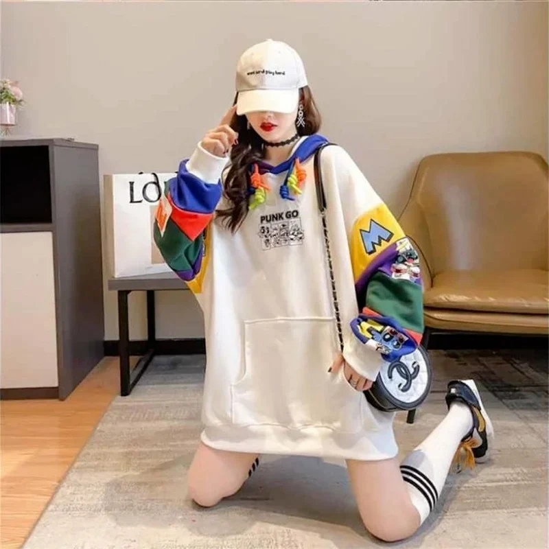 Patchwork Hooded Sweatshirt Girl Spring Pullover Women Loose Hip Hop Cartoon Print Tops Cute Funny Korean High Street Hoodies