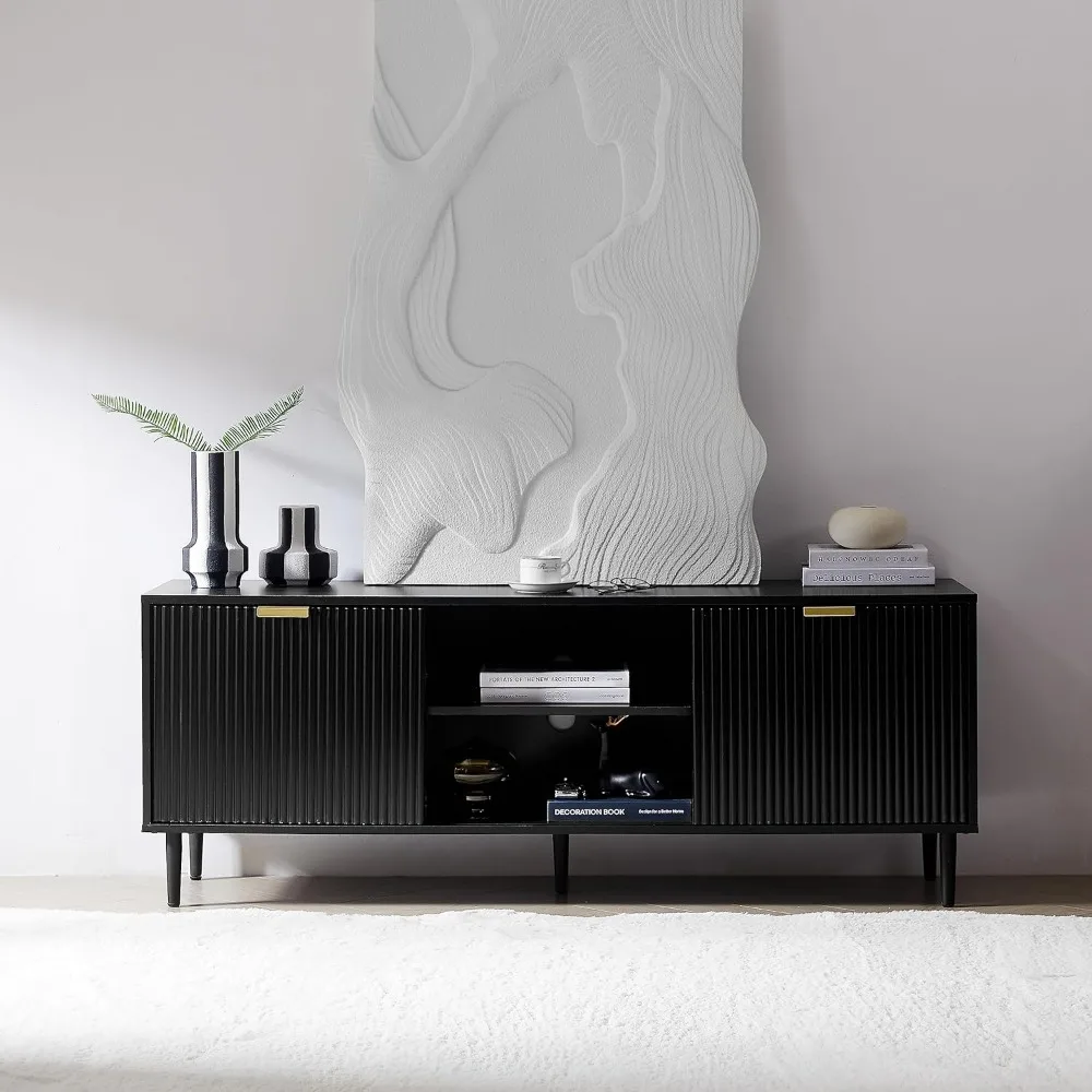 Black TV Stand, Modern TV Consoles for Living Room 65+ Inch TV, Fluted Panel Media Console with Sliding Doors & Ajustable Shelv 3