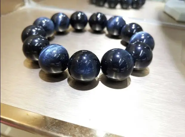 

14mm blue Tigers Eye Gemstone Mala Stretchy Bracelets Unique Women Charm Wrap Cuff Minimalist Anniversary Link Party