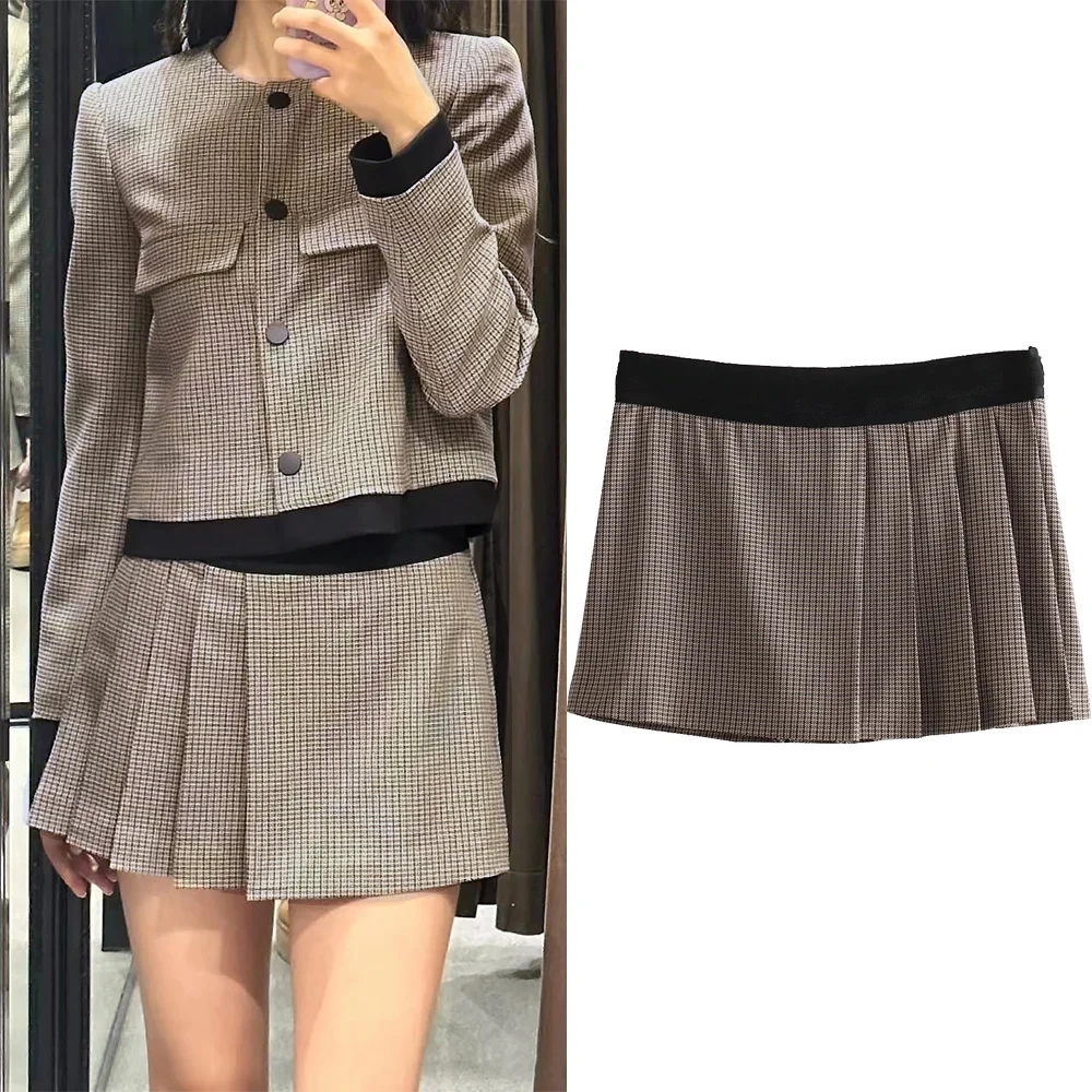 

TRAF Houndstooth High Waist Khaqi Shorts Waist Spliced Asymmestric Wide-Pleated Culottes Jacket+Short Houndstooth Sets For Woman