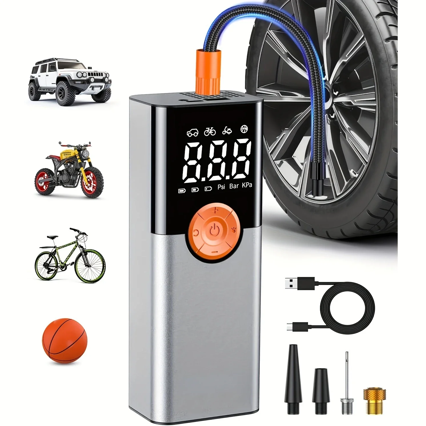 

Versatile Compact 150 PSI Tire Inflator with Digital Pressure Gauge, LED Light - Efficient Air Compressor for Cars, Motorcycles,