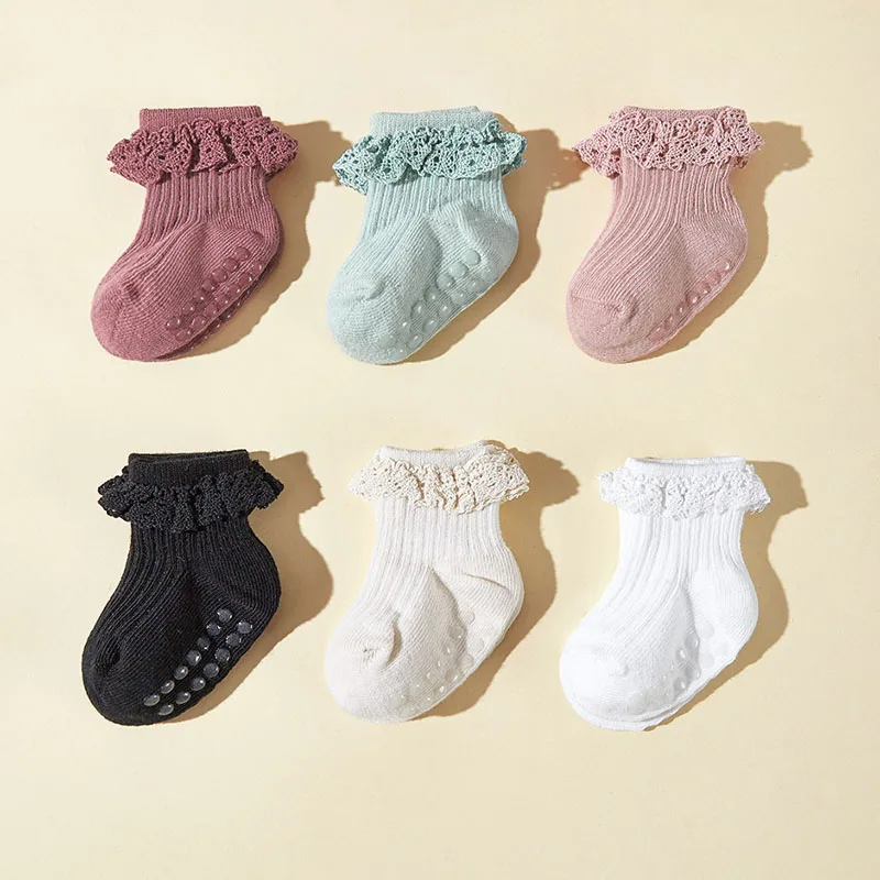 6 Pairs a Lot MILANCEL New Autumn Baby Floor Socks Toddler Cute Lace In Tube Socks Infant Girls 6 Colors Walking Socks 2