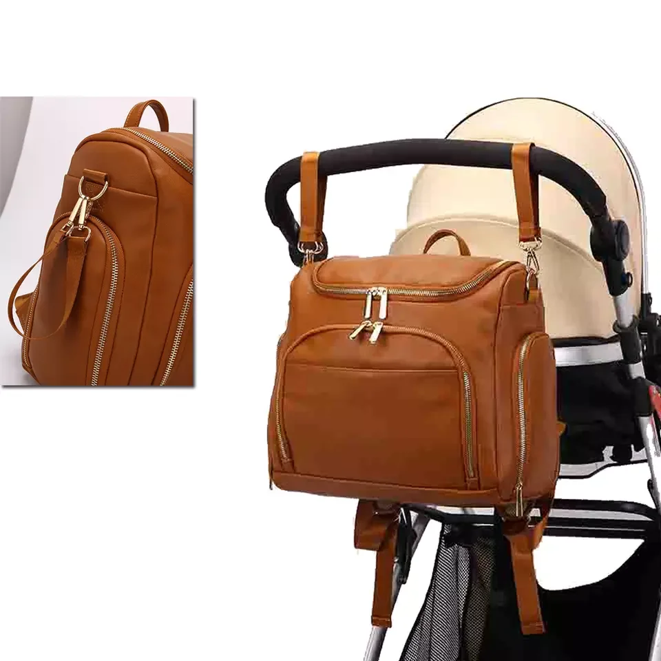 PU Leather Baby Nappy Diaper Bag Backpack+Changing Pad+Stroller Straps+Insulation bag+Cosmetic bag 2