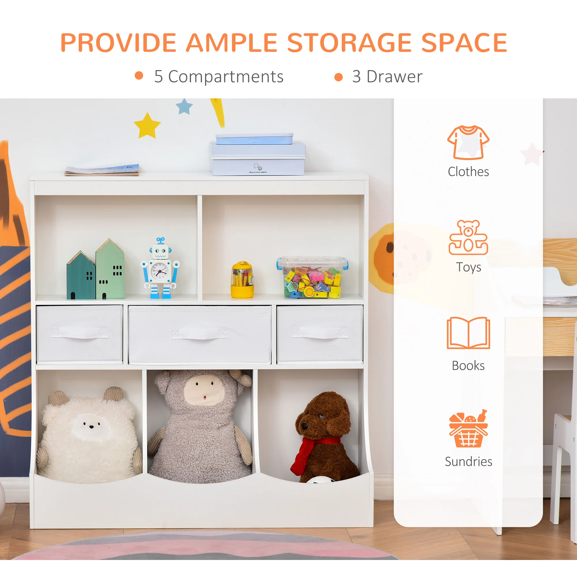 Toy Chest Kids Storage Organizer Wardrobe Display Bookcase w/ 3 Fabric Drawers