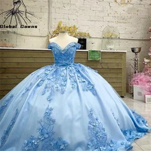 

Cinderella Off The Shoulder Ball Gown Quinceanera Dresses Beaded 3D Flowers Formal Prom Birthday Gowns Lace Up Princess Sweet 15
