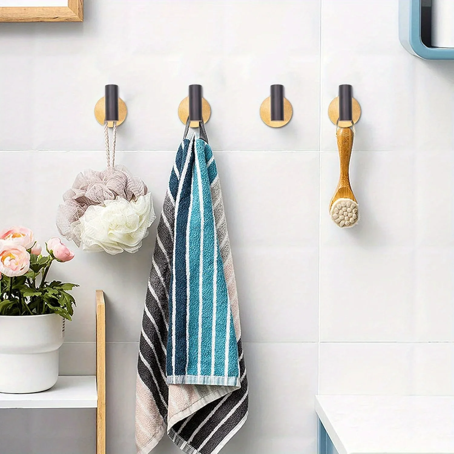 8-piece Bathroom Cleaning and Organizing Set, 2-piece Adhesive Wall Hooks, 6-piece Stiff-bristle Crevice Cleaning Brush