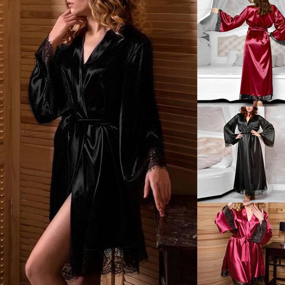 

Sexy Lingeries Women Satin Silk Lace Lingerie Sleepwear Sexy Kimono Bath Robe Gown Nightdress Bathrobes Pajamas