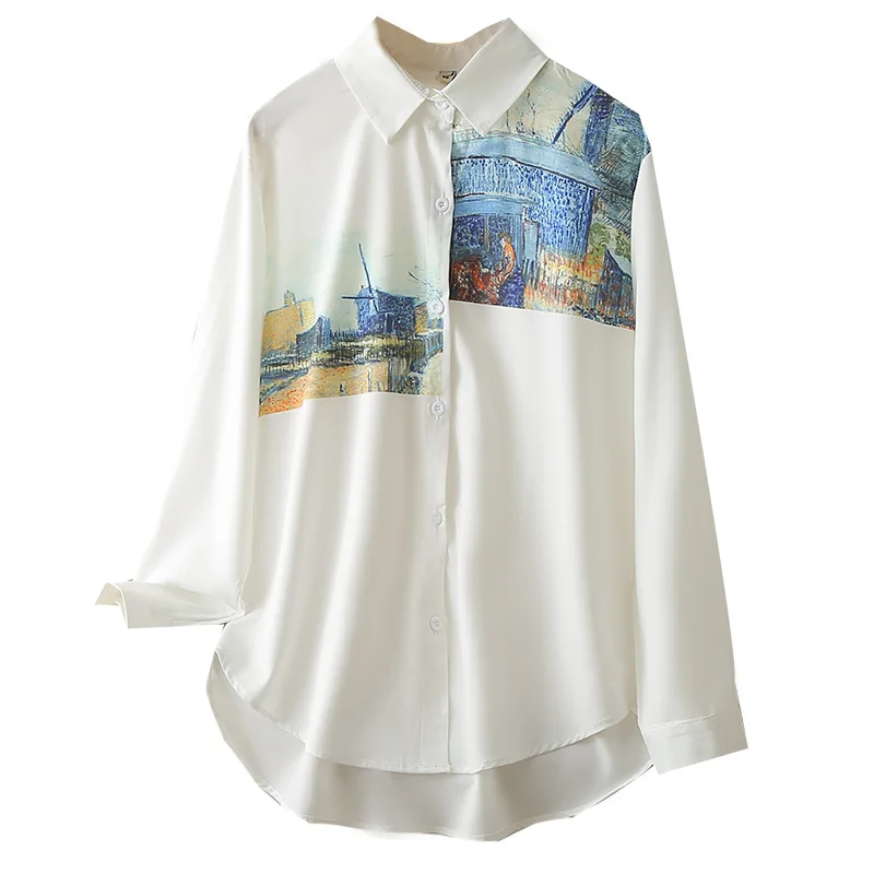 Women's Vintage Print Shirt, Hong Kong Style Print Blouse, Plus Size, Autumn, 8262