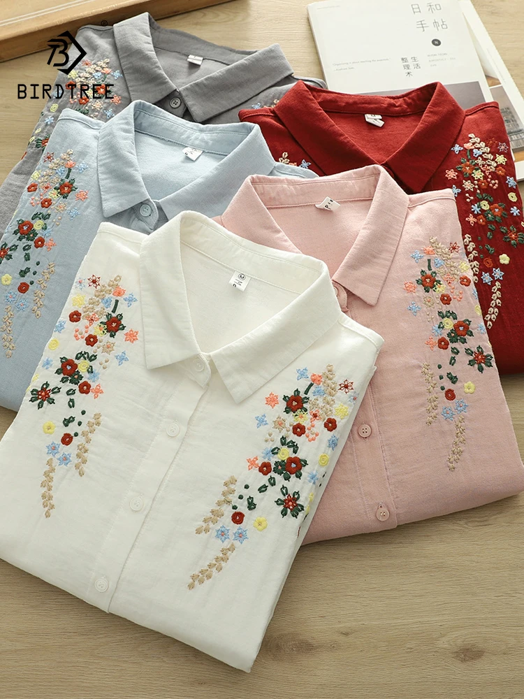 Women Summer Artsy Turn Down Collar 100 Cotton Shirt main image 1