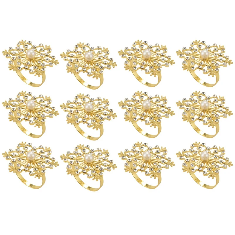 

JFBL Hot 12 Pieces Snowflake Napkin Rings Christmas Napkin Ring Buckle Rhinestone Pearl Napkin Holder For Christmas Table Decor