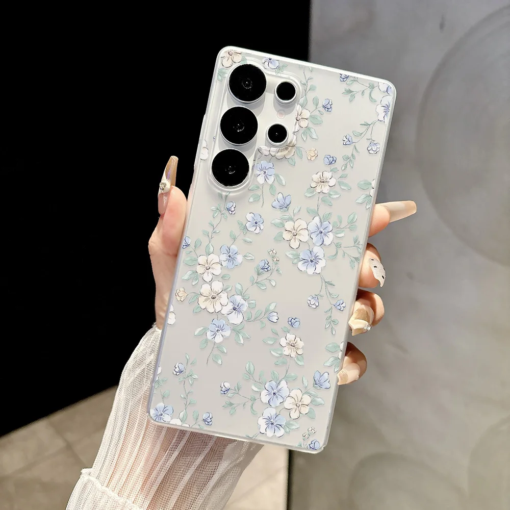 Matte White Clear Phone Case with Fresh Blue Flower Design