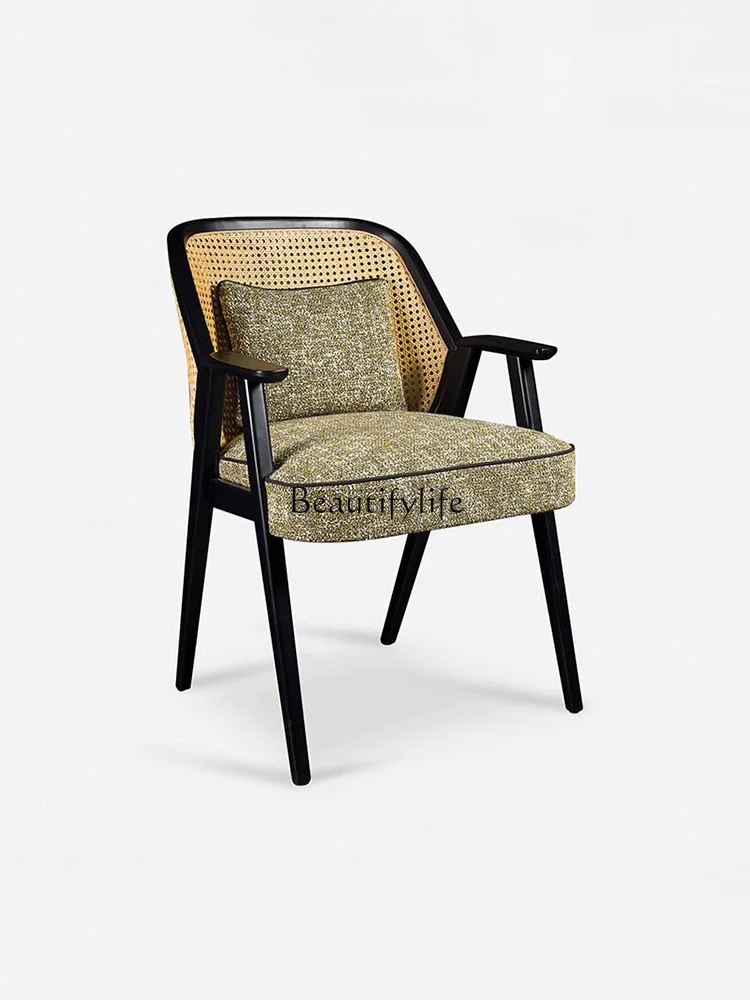 

Nordic Retro Dining Chair Household Restaurant Solid Wood Rattan Leisure Chair Charming Style