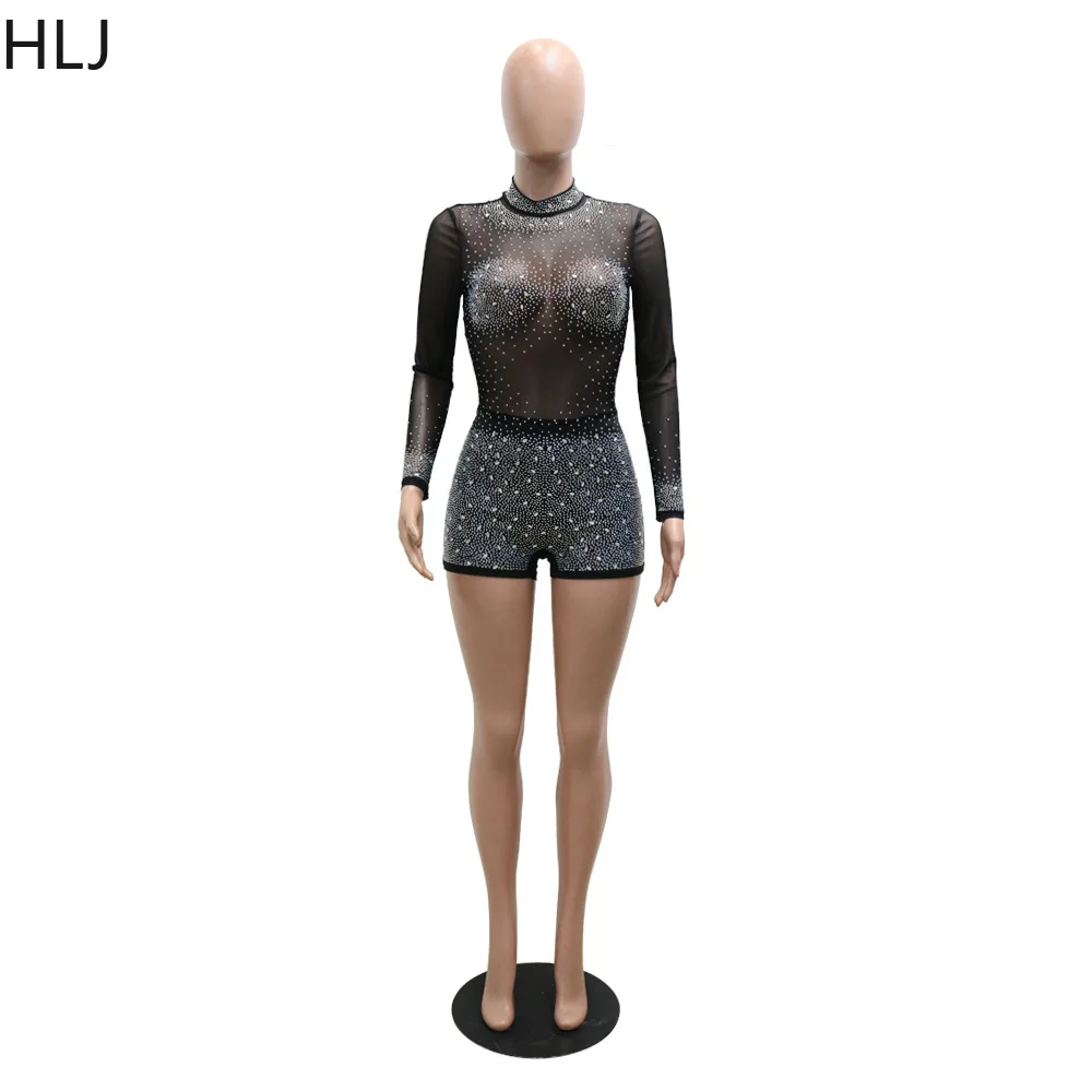 HLJ Sexy Mesh Perspective Rhinestone Bodycon Rompers Women Round Neck Long Sleeve Slim Jumpsuit Fashion Party Nightclub Overalls