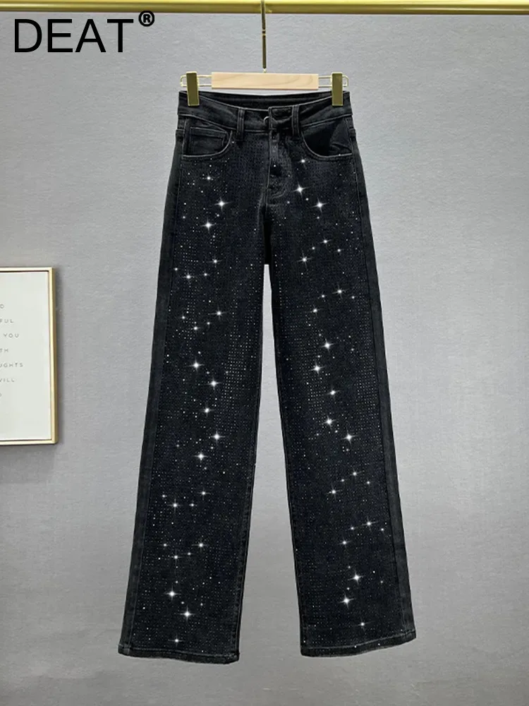 

DEAT Women's Jeans High Waist Black Full Diamonds Straight Wide Leg Full Length Denim Pants 2024 Summer New Fashion 29L3958