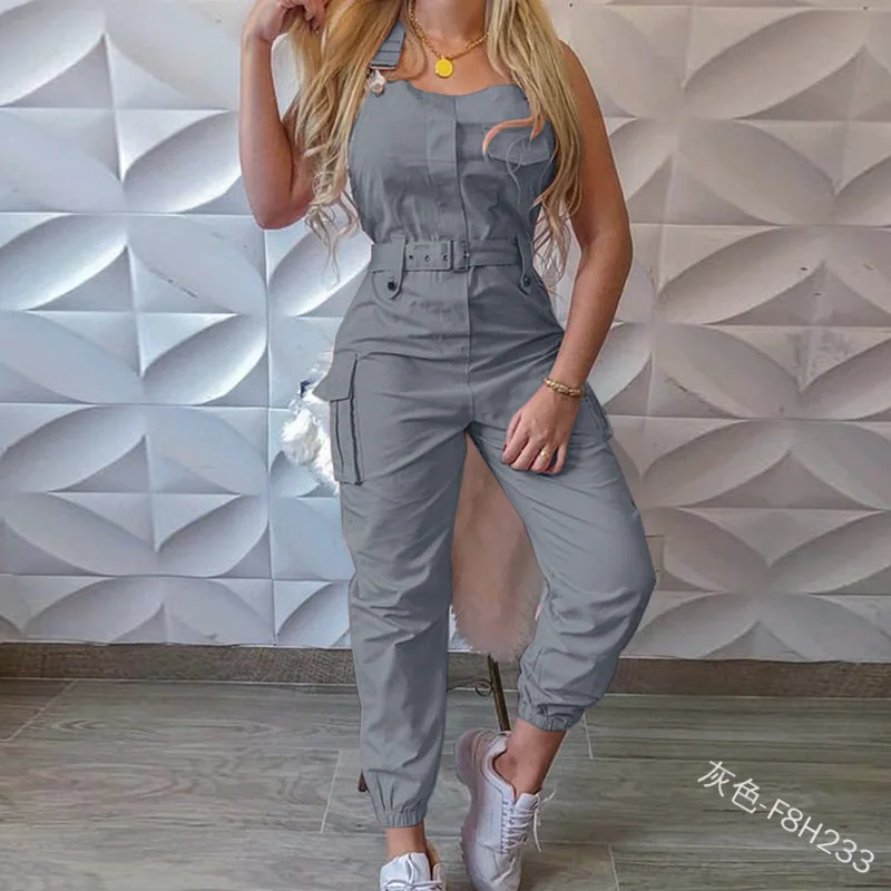 Autumn Women's Clothing Bodysuit Jumpsuit 2023 Simple Zipper Cargo High Waisted Conjoined Body Pants Sleeveless Strap Trousers - Image 2