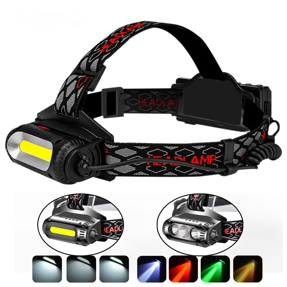 

USB Rechargeable XPE COB XML T6 LED Headlamp Rotatable lamp holder 8 Light Mode Super Bright Headlight Use 18650 Green/Red/White