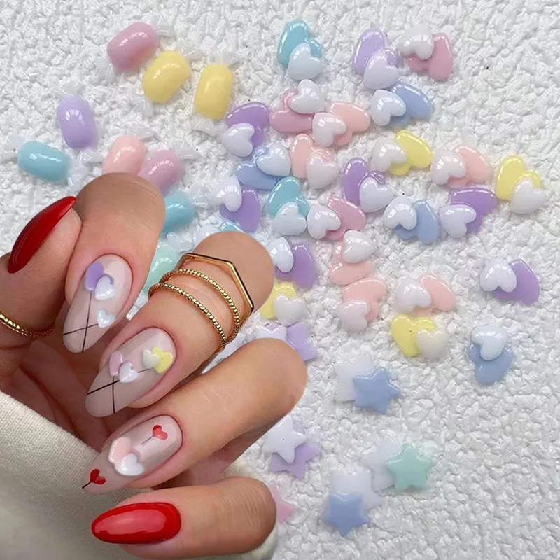 

50pcs Double-Layered Heart Nail Art Charms Colorful Candy Kawaii Nail Charms Overlap Hearts Star Nail Rhinestones Nail Decor