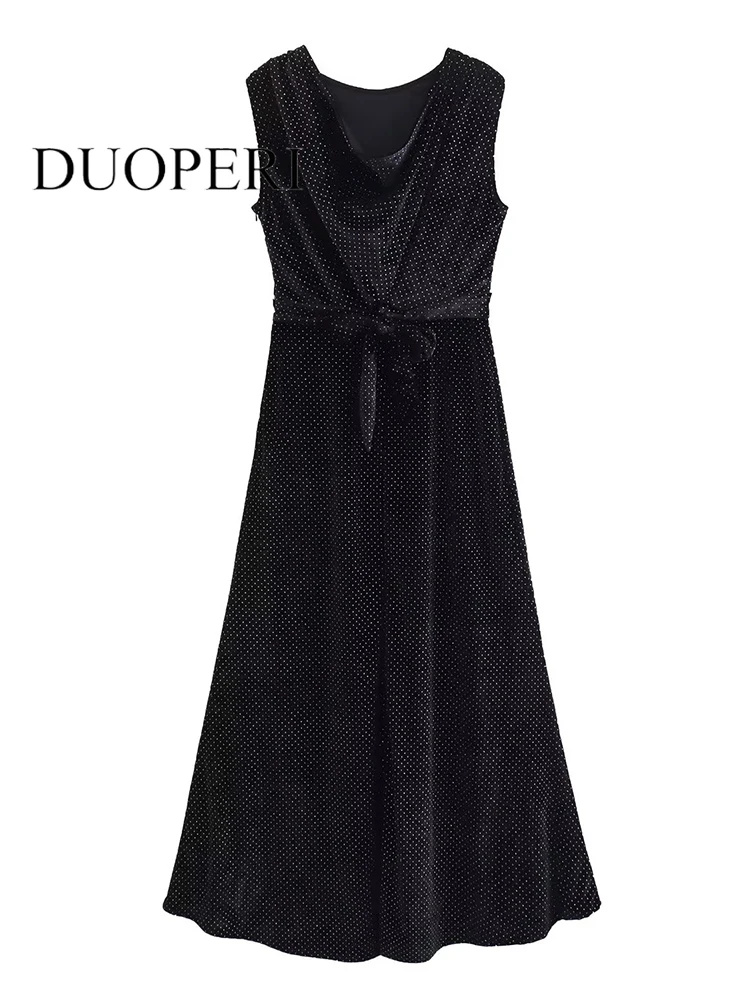 

DUOPERI Women Fashion With Knot Black Pleated Side Zipper Midi Dress Vintage Swinging Collar Sleeveless Female Chic Dresses