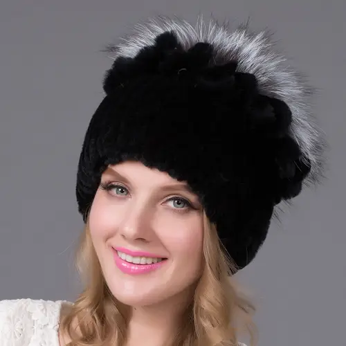 New High-Quality Warm Rabbit Fur Hat Fashionable Fox Fur Knitted Ear Protection Floral Fur Woven Hat - Image 3