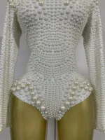 Luxury White Full Pearl Long Sleeved Stretch Bodysuit Women Birthday Evening Party Celebrate DJ Performance Nightclub Stage Wear - Image 6