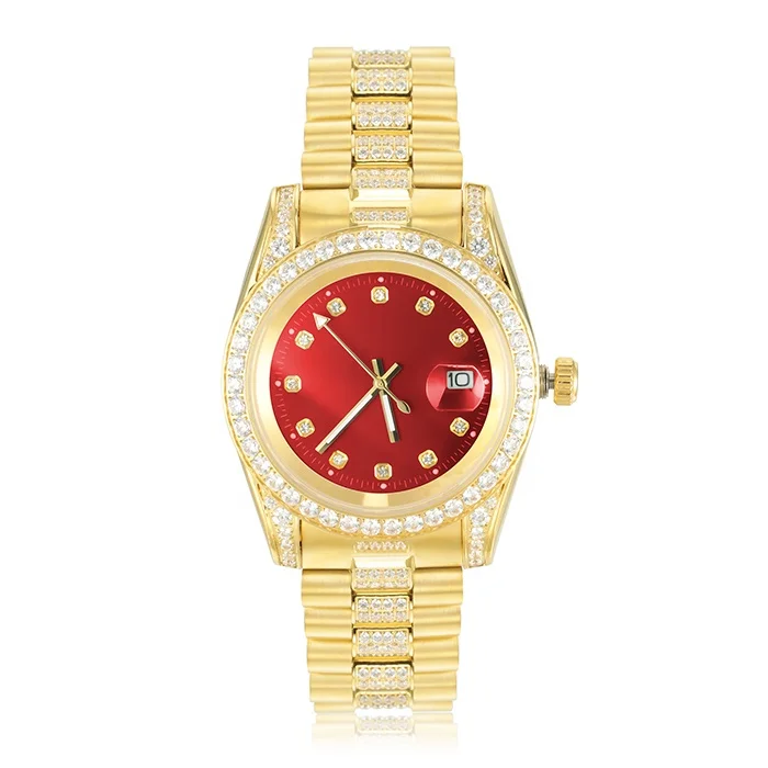 

22k Gold Red Sunray Dial CNC Set Ided Out Crystal Diamond Wristwatches Men Luxury Watches
