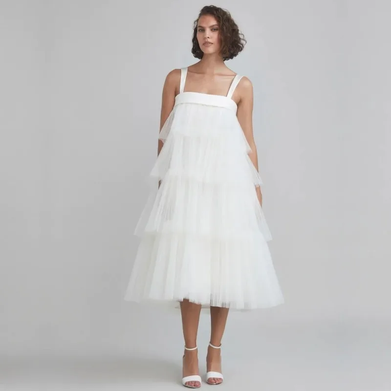 

Strappy Boho Wedding Dress 2022 Tulle Bridal Gown layered dress short Simple Sweep Beach Vestido De Noiva