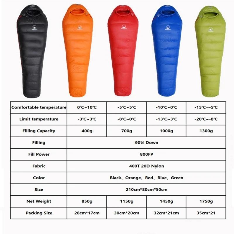 Black Snow Camping Goose Down Sleeping Bag Warm Down Filled Adult Mummy Style Sleep Bag 4 Seasons Camping Travel Sleeping Bag 4
