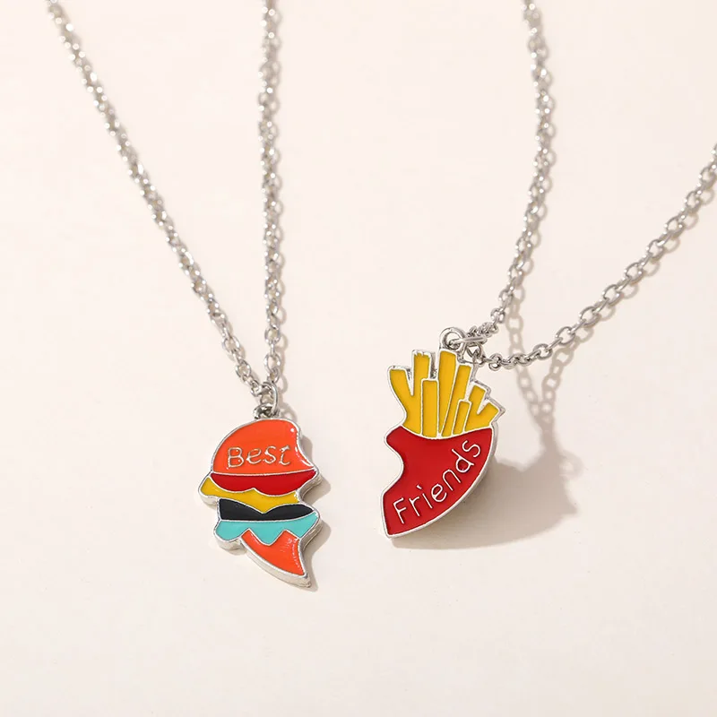 2 Stück Hamburger Pommes Beste Freundin Anhänger Halskette Einstellbare Miniatur Simulation Herzförmige Männer Frauen Paar Choke Schmuck – Detail 2