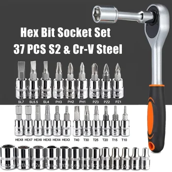 46pc Drive Socket Set 1/4 inch Ratchet Wrench Set with Sockets Metric Hex Bit Socket Set Mechanic Tool Kits for Auto Repair Hous 2