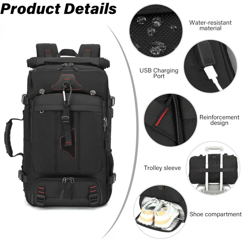 Men's travel backpack 50L large portable backpack, durable and convertible luggage bag with shoe compartment, - 5