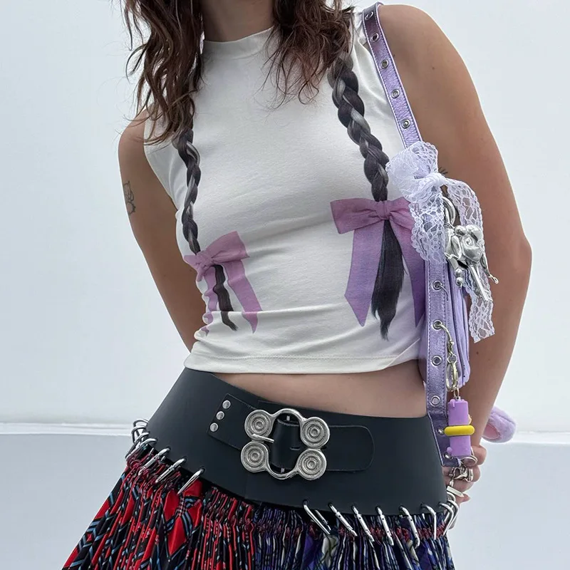 

Q23TP798 Fashion Niche New Braided Print SleeveleSS Round Neck Pullover With ExposEd Navel Short Vest Versatile Top