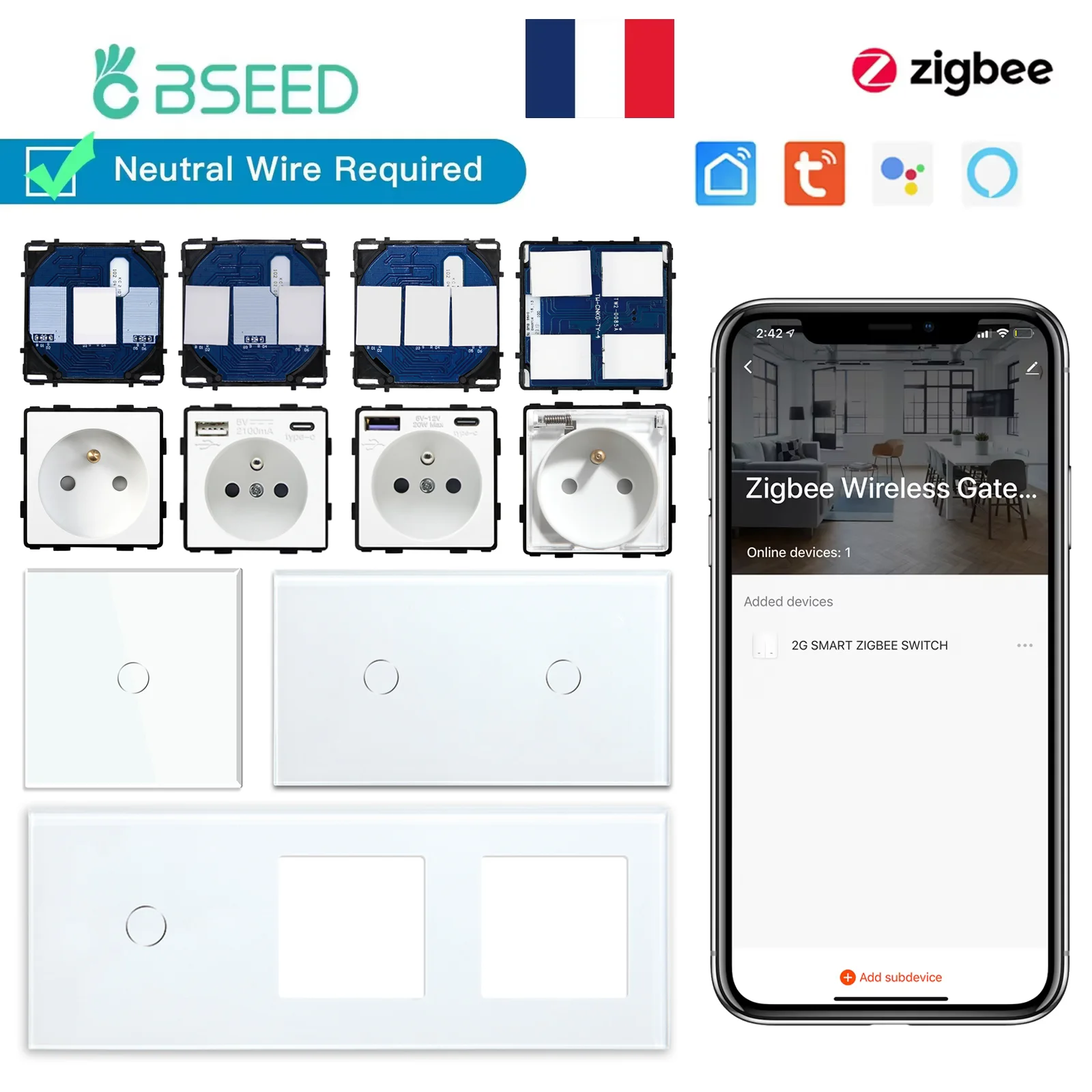BSEED Zigbee 1/2/3Gang สมาร์ทสวิทช์สัมผัสปกติภาษาฝรั่งเศสคําผนังซ็อกเก็ต Type-C ฟังก์ชั่น USB ชิ้นส่วนแผงกระจก DIY ผสม 1