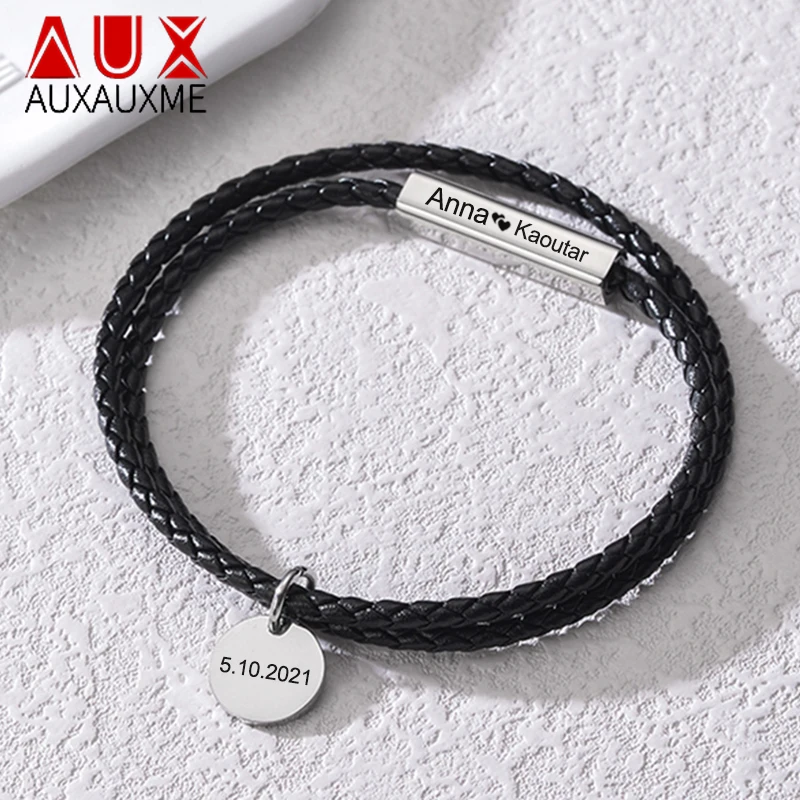 

Auxauxme Engrave Name Date ID Bracelet For Couple Jewelry Stainless Steel Customized Leather Chain Bracelets Special Friend Gift