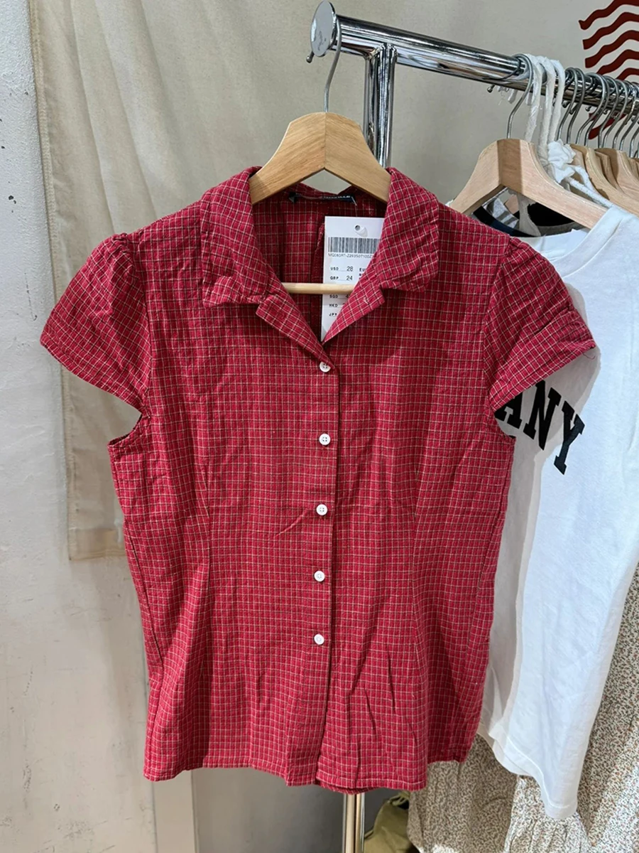 Red Plaid Slim T-Shirt Blouse Woman Summer Peter pan Collar Single Breasted Short Sleeve Tees Vintage Sweet Cotton Tshirt Y2k 4