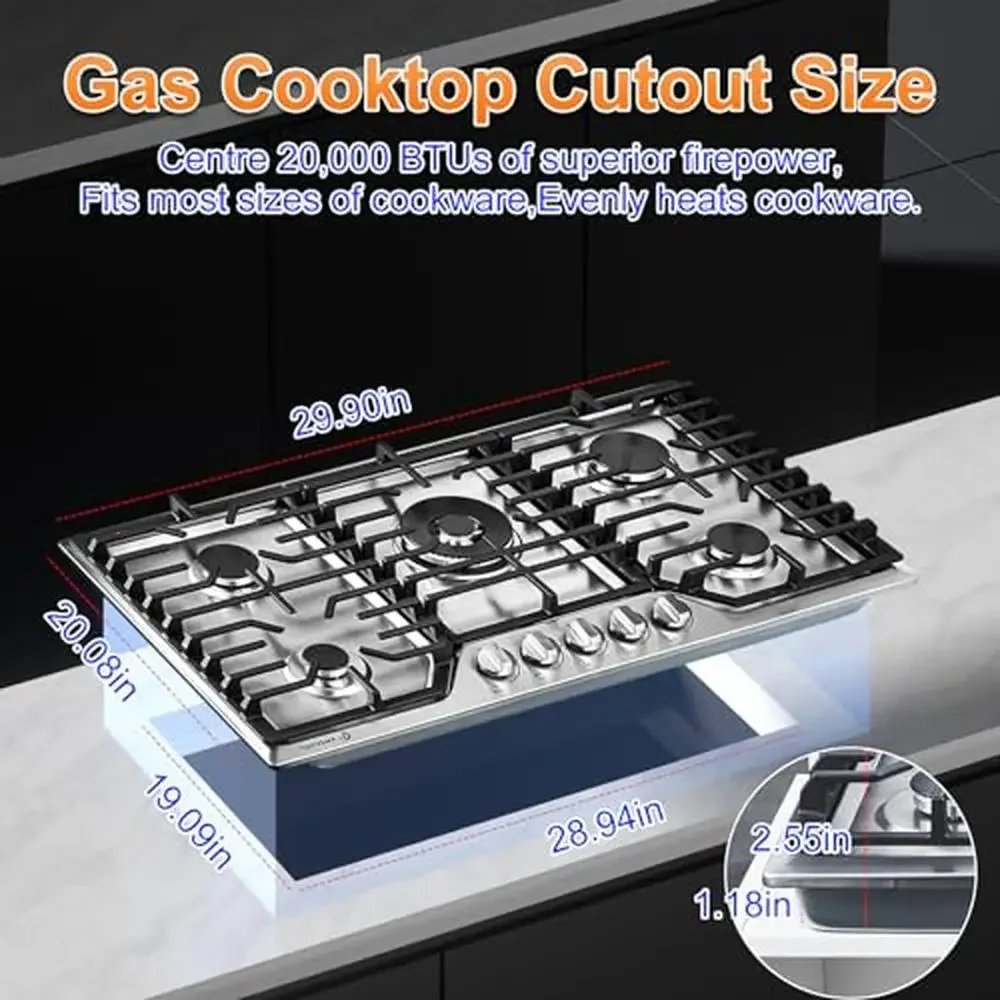 Efficient 30" Gas Cooktop 5 Sealed Burners Italian SABAF Design 304 Stainless Steel Knob Control Dual-Use Grill Pan Safety 5