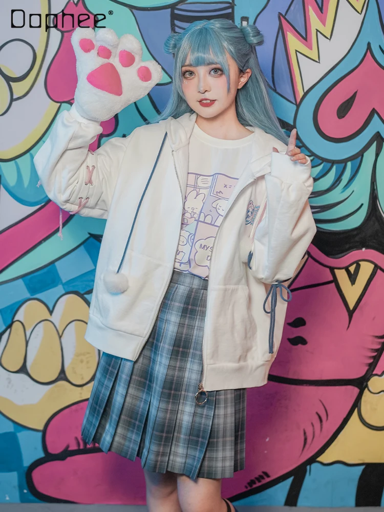 Original Sweet Button Bear Coat Female 2023 Autumn New Hip Hop Couple Wear Loose Long Sleeve Hooded Hoodies Cardigan Top Women