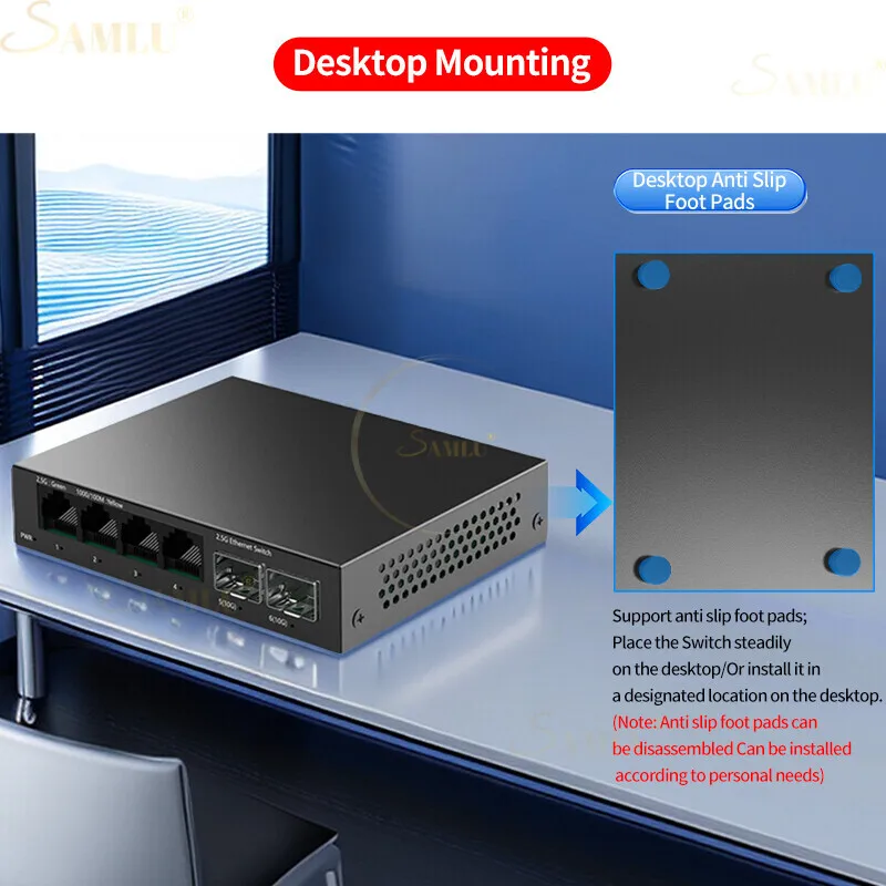 2.5Gb Switch 4 Port 2.5G Unmanaged Network Switch with 2 Port 10GbE SFP+ Slot Home Lab Setup Ethernet Plug&Play