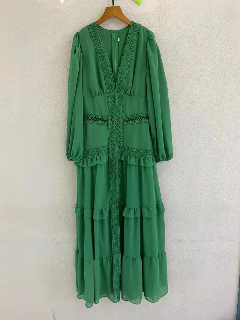 New 2022 Autumn Long Dress High Quality Women Vneck Hollow Out