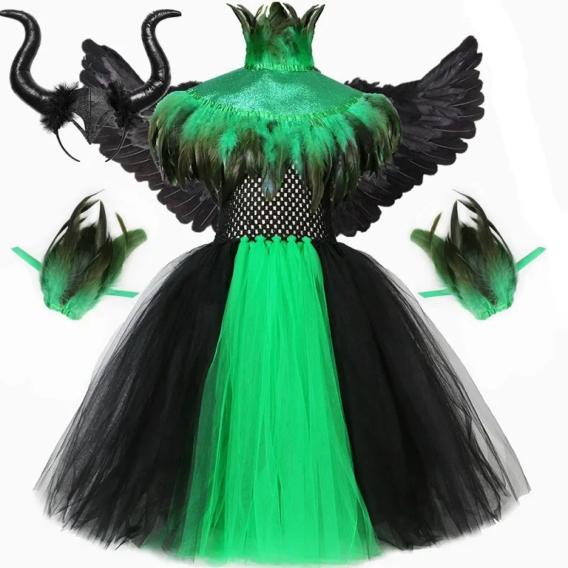 thumbnail image 1 of Disfraz de bruja de Halloween para niñas, reina malvada, Malefice, disfraz de cosplay, vestido con tutú, capa de plumas, disfraz de carnaval para niños, 1 of 5