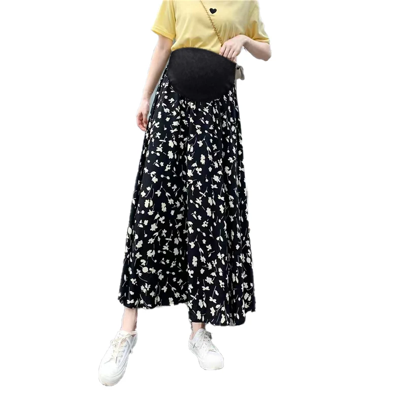 Summer Pregnant Woman Fashion Long Skirt High Waist Floor-length Maternity A-Line Skirt Plus Size Pregnancy Chiffon Floral