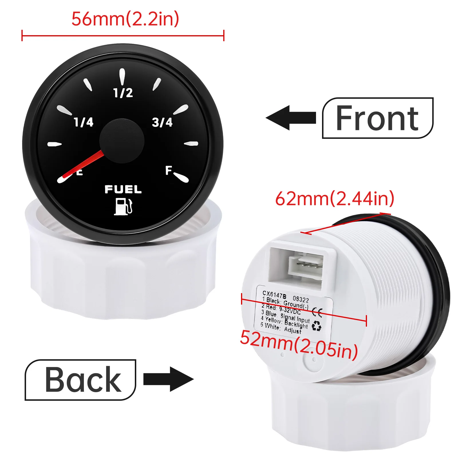 52mm (2-1/16") Fuel Level Gauge - 7 Color LED, Multiple Ohm Ranges (0-90, 10-180, Etc.)