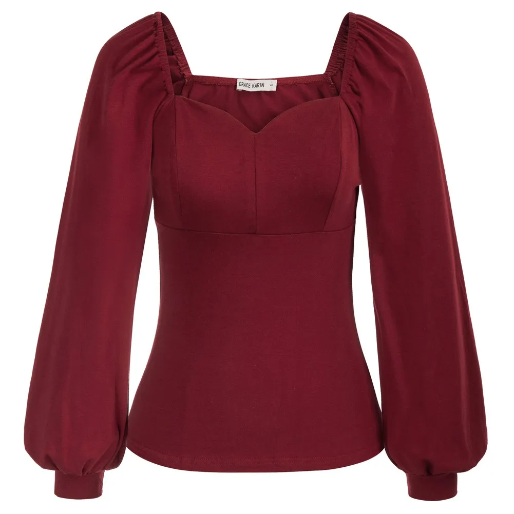 

GK Women Lantern Sleeves Tops Long Sleeve V-Neck Stretchy Cotton Blouse