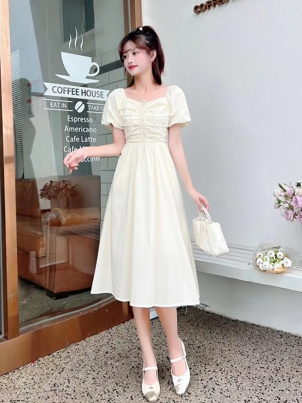 

Summer Casual Party Dresses Apricot Slash Neck Puff Sleeve Dress For Wommen Lace Up Neck Hanging Solid Dress 2024 Vestidos