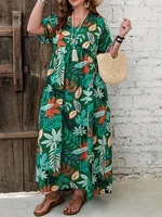 Women's Plus Size Boho Tropical Print V-Neck Dress with Ruched Chest & Short Sleeves Spring Summer Vacations Cute Dresses - Image 4